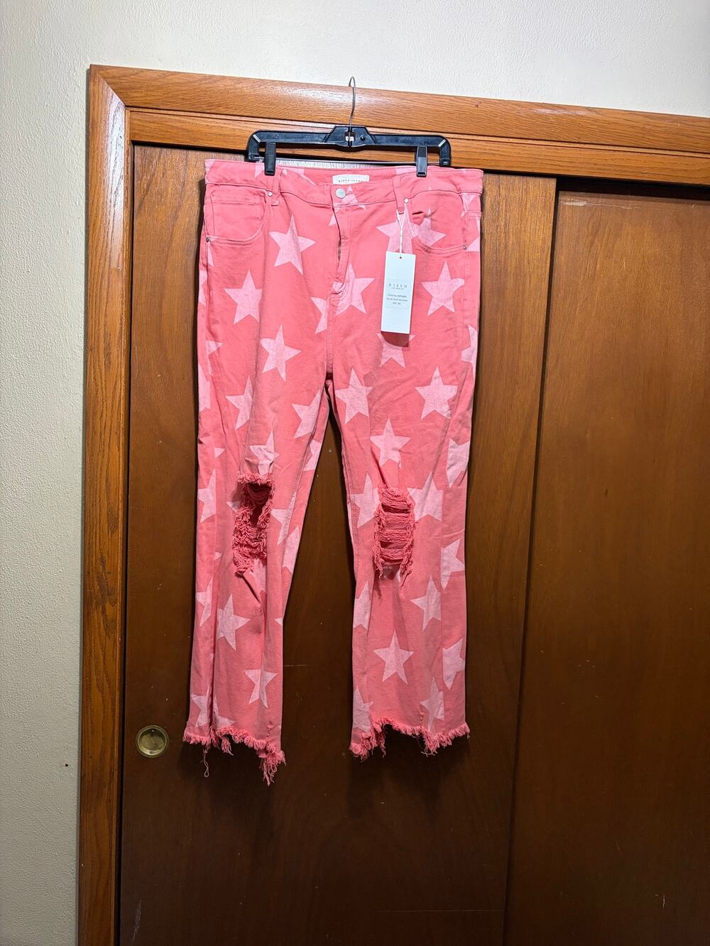 NWT Risen Los Angeles 3XL Star Print Distressed Raw Hem Jeans Peach Blossom